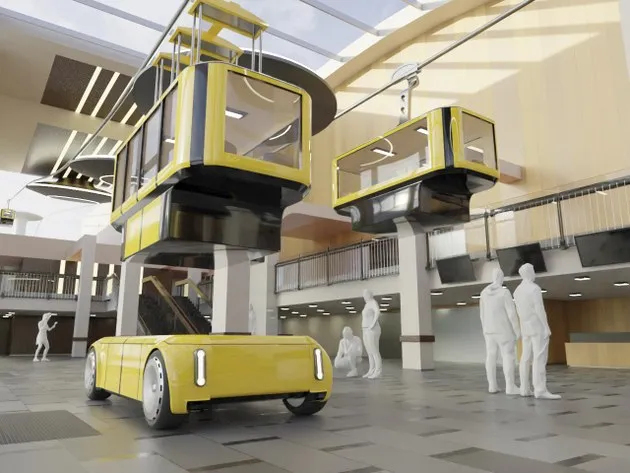 Rendered view of the foyer in the Kulturpalast in Dresden. Virtual cabines are placed from a cable car onto a self-driving car module.