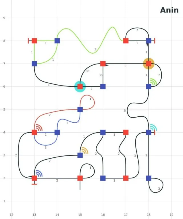 An example of the mazes. A grid of lines and intersection points with markers for connection possibilities and obstacles.