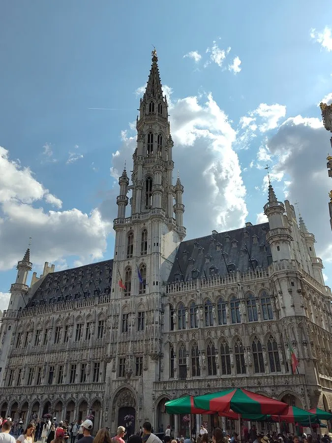 Das Rathaus von Brüssel in hellgrauem Gestein. Zahlreiche Statuen schmücken die Fassade. In der Mitte erhebt sich ein Turm, begleitet von kleineren Türmen.