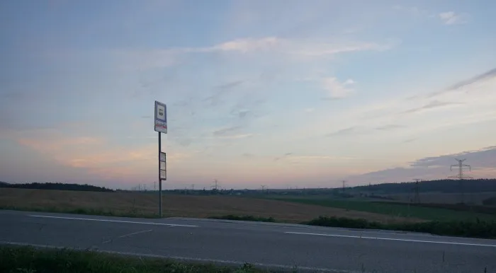 Ein Bushalteschild an einer schmalen Landstraße. Im Hintergrund sind Felder, ein Wald und eine Stromleitung, die im roten Abendhimmel verschwinden.