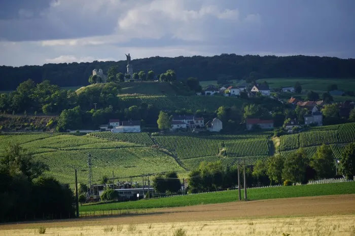 Blick auf Weinberge mit einem kleinen Dorf. Eine Statue eines Priester ist in der Ferne zu sehen.