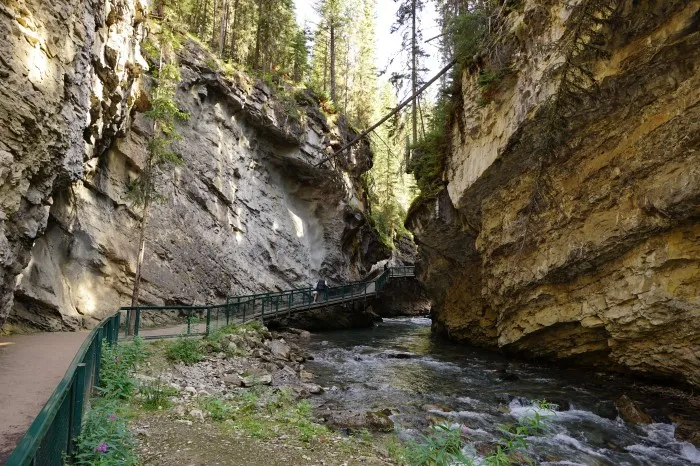 Breite Schlucht, durch die sich ein wilder Bach quetscht. Warmes Sonnenlicht wirft vereinzelte Lichtflecken an die schroffen Felswände.