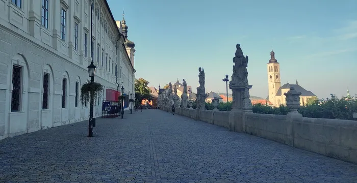 Ein gepflasterter Steinweg zwischen einem historischen Klostergebäude links und einer Mauer mit Figuren rechts. Im Hintergrund hinter der Mauer eine Kirche. Blauer Himmel.
