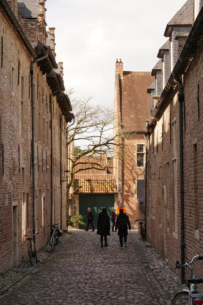 Schlichte Ziegelgebäude in einer geplasterten Fußgängerpassage. Im Hintergrund wirft ein Baum ohne Blätter Schatten auf die Fassaden.
