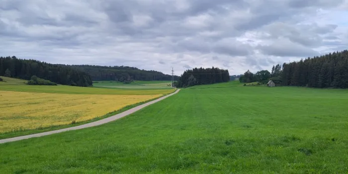 Eine schmale Straße führt durch ein breites, flaches Tal. Die Felder in der Mitte werden vom Wald außen umrahmt. Eine kleine Scheune steht in der Ferne.