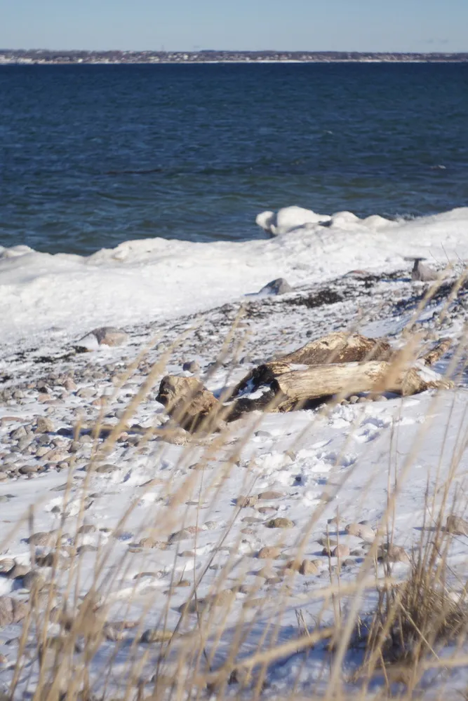Eingeschneiter und steiniger Strand. Am Horizont ist die Küste Tallinns zu sehen.